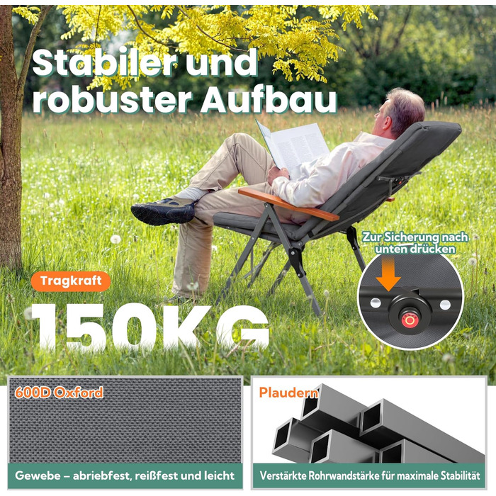 Складаний кемпінговий стілець Homecall, вантажопідйомність 150 кг, розкішний складний кемпінговий стілець з високою спинкою та 3 регульованими положеннями, товщина м&39якої підкладки 4,5 см, рибальський стілець для саду, балкону, кемпера (1, темно-сірий) 