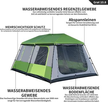 Намет TENPLAY Instant Pop-Up, великий сімейний намет, 2-8 осіб, легке встановлення, Rainfly, 2 кімнати, сумка для перенесення, водонепроникний PU 3000 мм, місткий та повітропроникний, для кемпінгу, пікніків, вечірок