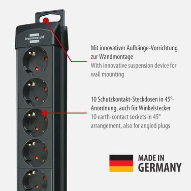 Розетка на 10 розеток (розетка на 10 розеток з вимикачем і кабелем 3 м, розетка на 10 розеток з кутом нахилу захисних контактів 45