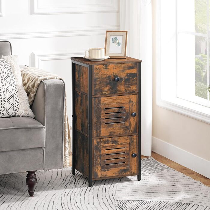 Сервант HOOBRO з шухлядою, комод у вінтажному стилі, регульована полиця, невелика телефонна шафка, для вітальні, спальні, (30 x 34 x 75 см) темно-коричневий та чорний EBF15CW01G1