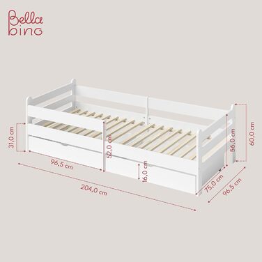 Дитяче ліжко Bellabino Kuru 90x200 з 2 висувними шухлядами, односпальне дитяче ліжко з захистом від випадіння та рейковою рамою, д