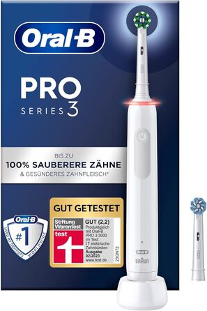 Електрична зубна щітка Oral-B PRO 3 3000, 2 щітки перехресної дії, з 3 режимами чищення та візуальним регулюванням тиску на 360 для догляду за зубами, подарунок чоловік/жінка, білий