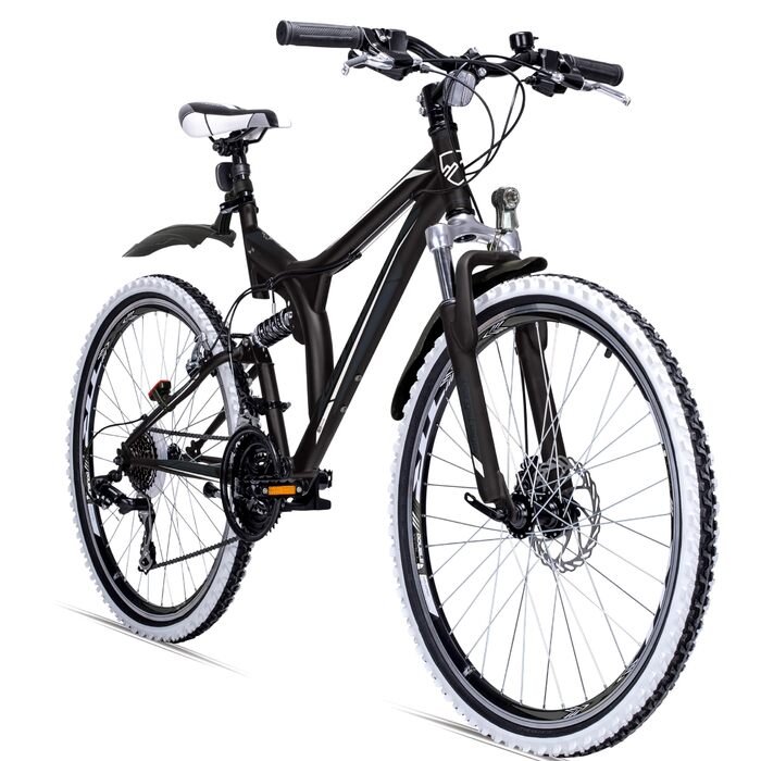 Гірський велосипед Bergsteiger Phoenix 26 дюймів, підходить для зросту від 160 см, дискові гальма, ліхтарі, бризковики, 21-швидкісна коробка передач, повна підвіска, сірий/чорний (матовий)