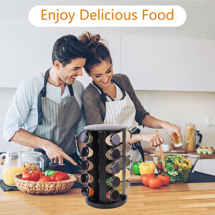 Поворотна на 360 підставка для спецій, чорна, органайзер для спецій, карусель для спецій з 20 банками для спецій, етикетками, ручкою, лійкою, кришками, підставками для спецій з нержавіючої сталі, зберігання спецій для кухонної стільниці