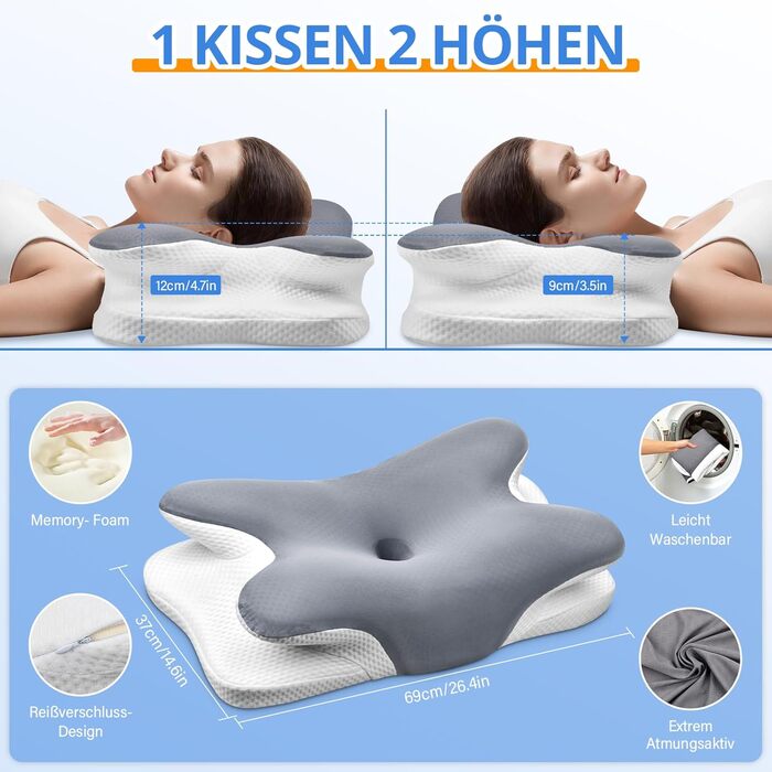 Подушка для шиї, подушка для голови, подушка для підтримки шиї, подушка з піни з ефектом пам&39яті, ергономічна подушка для сну на боці, на спині та на животі, 69x37x9/12 см, сірий