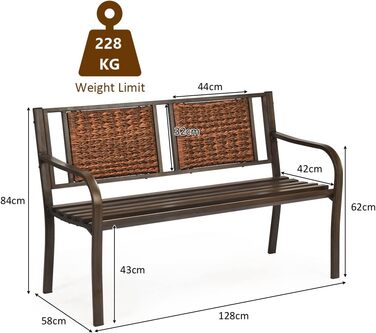 Садова лавка GIANTEX металева атмосферостійка, балконна лавка паркова 2-місна, вантажопідйомність до 228 кг, лавка для тераси з підлокітниками та спинкою з ротанга, лавка для саду, балкона, тераси, 128x53x84см, коричнева