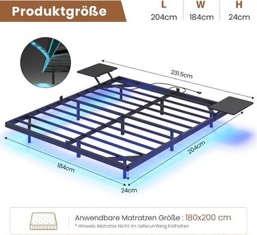 Каркас ліжка AOGLLATI 180x200, Металеве ліжко зі світлодіодним освітленням та зарядною станцією, Плаваючий каркас ліжка з полицями для зберігання, Металеве ліжко з рейковою основою, Двоспальне ліжко, Чорний (матрац не входить до комплекту), 180 x 200 см, 