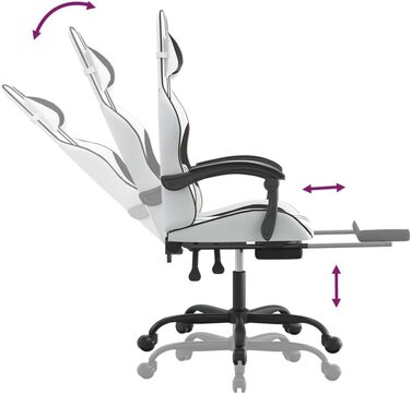 Геймерське крісло з підставкою для ніг, біла та чорна штучна шкіра, регульована спинка та висота, функція повороту на 360 градусів, міцна та брудовідштовхувальна штучна шкіра, міцне 36,5 x 42 см (Ш x Г), чорний колір