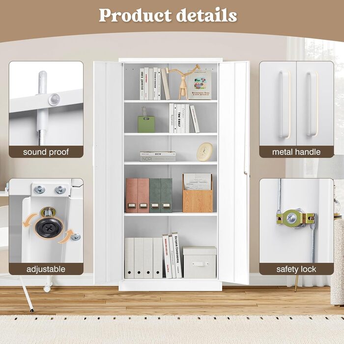 Шафа для документів, шафа для зберігання із замком, сталева шафа, сталева шафка, багатоцільова шафа, металева шафа з 2 дверима для офісу, дому, гаража, спортзалу, школи, 170x78x39 см, білий