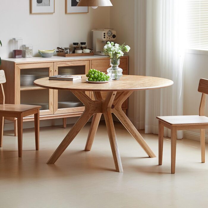Обідній стіл з масиву дуба, круглий стіл 120 см, без шпону, сучасний кухонний стіл, круглий обідній стіл, міцний, обідні столи для 4-6 осіб, 120x120x74,8 см, натуральний колір