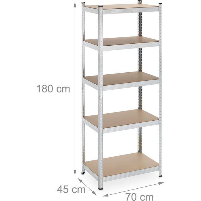 Полиця для зберігання Relaxdays для важких умов експлуатації, 5 ярусів, висота та ширина 180x70x45 см, вантажопідйомність 500 кг, сталь, для підвалу та гаража, сріблястий колір