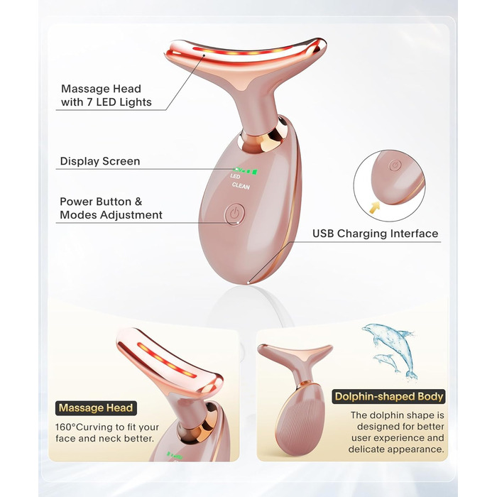 Електричний масажер для обличчя Leotop, косметичний пристрій для обличчя та шиї, пристрій для обличчя Face Beauty Meter для підтяжки та підтяжки шкіри, масажний обігрівач EMS проти зморшок. (7 режимів освітлення з рожевого золота)