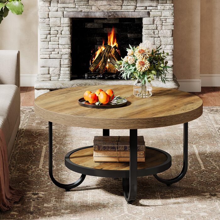 Круглий журнальний столик Tribesigns, промисловий 2-ярусний диван-столик з полицями для зберігання, центральний столик 79 см, бічний столик з міцними вигнутими металевими ніжками для вітальні, домашнього офісу (коричневий)