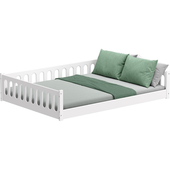 Дитяче ліжко 2-в-1 на підлозі 140x200 см Монтессорі зі знімними захисними поручнями - Біле, 46 кг, Вантажопідйомність до 200 кг, Надміцна згортається рейкова основа, Трансформоване 140 x 200 см Біле - 1 центральний вхід