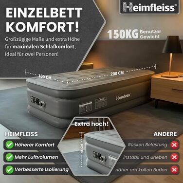 Надувний матрац Heimfleiss для 1 особи Преміальний самонадувальний надувний матрац 100x200 см Швидко надувається, ідеально підходить як ліжко для гостей та ліжко для подорожей Самонадувальний кемпінговий надувний матрац насос, 1 особа, сірий