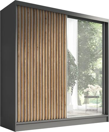 Шафа-купе A&J MbelLand LINA з розсувними дверима, 200 см, з дзеркалом, 3 шухлядами та 3D-ламелями (графіт)