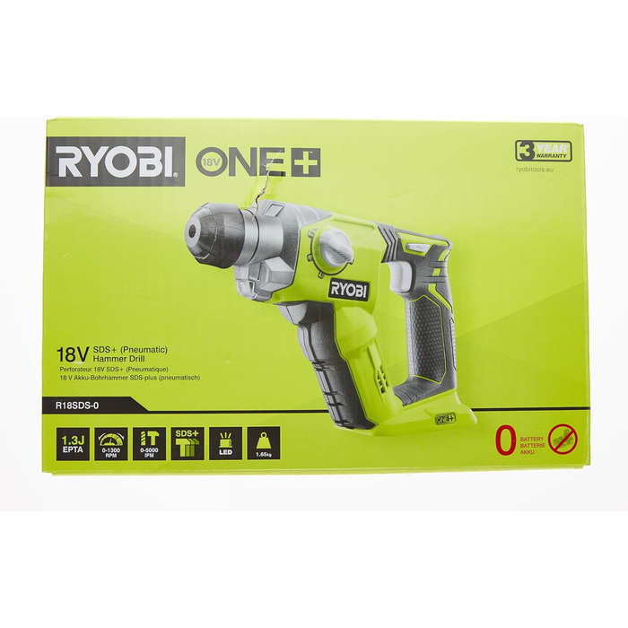 Акумуляторний перфоратор RYOBI 18 В ONE R18SDS-0 (енергія удару 1,3 Дж, макс. Діаметр свердління в дереві/цегляній кладці/сталі 16/16/13 мм, без акумулятора та зарядного пристрою) без акумулятора зарядний пристрій