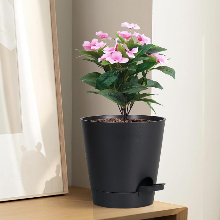 Набір з 6 самополивних квіткових горщиків, горщики для рослин 17,8 см із системою поливу, кашпо з блюдцем, набір квіткових горщиків, ідеально підходить для кімнатних та балконних садів, чорний 17,8 см чорний