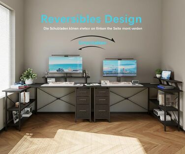 Г-подібний письмовий стіл з 3 тканинними шухлядами, 140 x 80 см. Двосторонній кутовий письмовий стіл з підставкою для монітора, розеткою та USB-портом для зарядки для домашнього офісу, чорний.