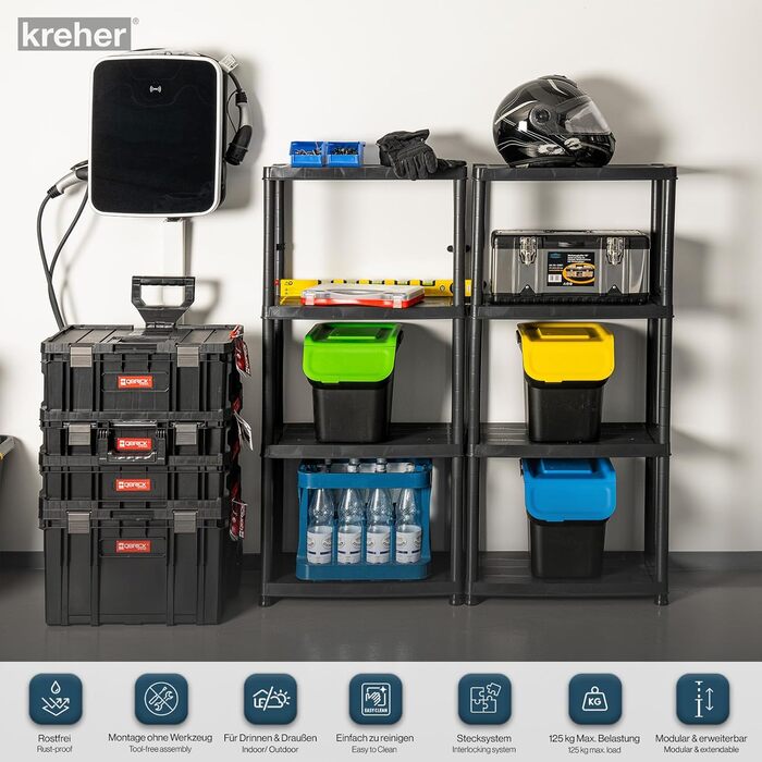 Пластиковий стелаж Kreher, 2-секційний, для зберігання речей, підлогова полиця з 5 полицями, максимальне навантаження 125 кг на полицю. 60 x 30,5 x 170 см (В). Сертифіковано TV Rheinland.