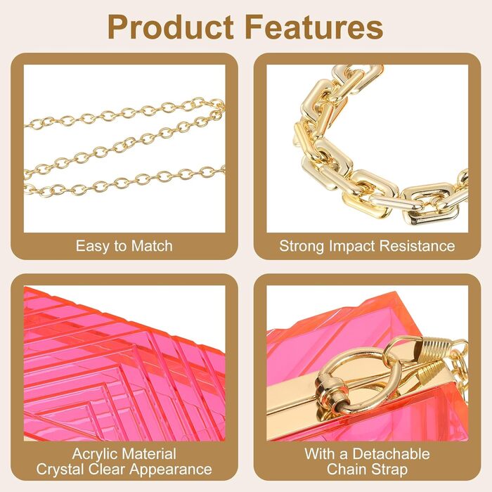 Прозора сумка-клатч QUARKZMAN для жінок, акрилова сумочка у формі V з відстібною ланцюжком для подорожей та офісу, рожево-золота