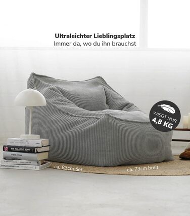 Крісло-мішок з вельвету mokebo The Loafer, XXL, крісло-мішок, вельветове крісло або крісло для відпочинку для вітальні та зимового саду, також як гігантське крісло-мішок розміром 83x73x60 (ШxВxГ у см) сірого кольору, тканина для крісла-мішка з вельвету сі