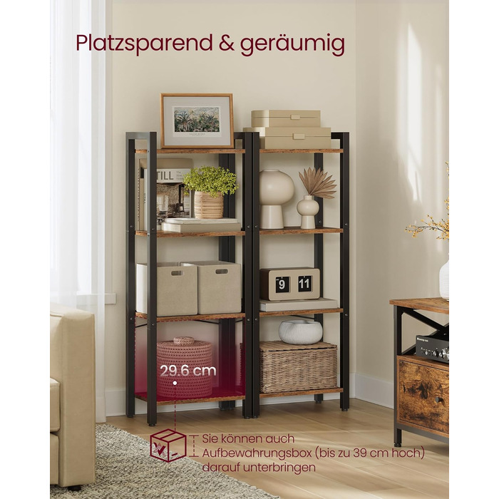 Полиця, книжкова шафа, полиця на стійці, полиця для DVD, з 4 полицями, офісна полиця, відкриті полиці, для офісу, вітальні, спальні, кухні, 24 x 40 x 107 см, вінтажний коричневий-чорний LLS099B01 4 полиці вінтажний коричневий чорнильний