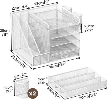 Рівневий сітчастий органайзер для столу з шухлядою, лотками для файлів та тримачами для ручок - рішення для зберігання офісного та художнього приладдя для паперу для малювання, сортувальника олівців, тримача для журналів (білий), 5-