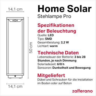 Сонячний торшер Zafferano Home Solar, бездротова підлогова лампа з сонячною панеллю та датчиком руху для вулиці, диммер, 3000 K, висота 50 см, темно-сірий
