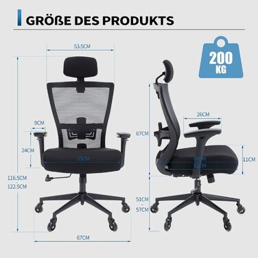 Офісний стілець Bosmiller 200 кг, ергономічний стілець XXL, обертовий стілець з 3D-підлокітниками, регульованим підголівником, крісло керівника, сітчастий офісний стілець, сірий
