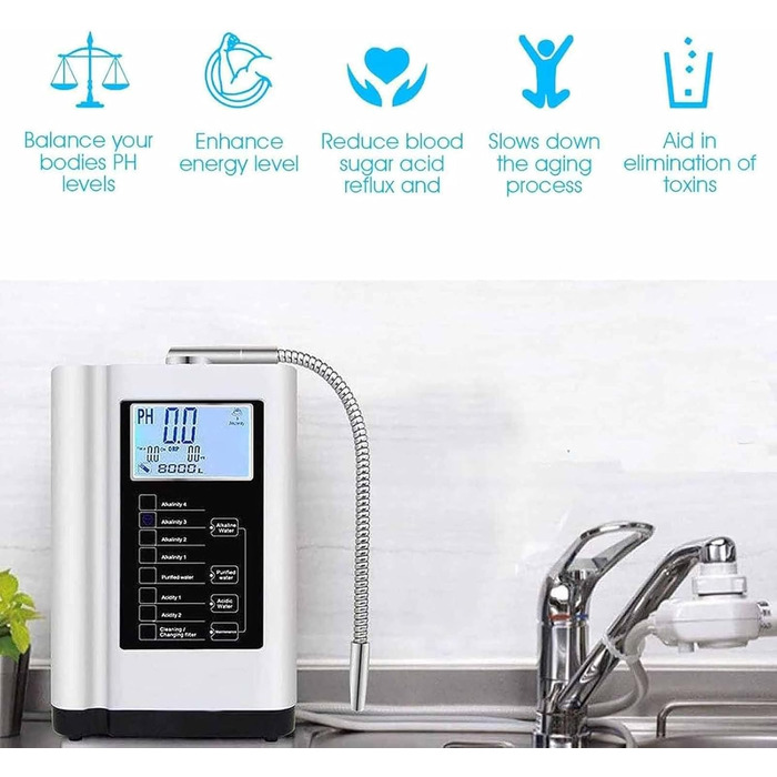 Іонізатор і очищувач води, до -500 Mv Orp, Ph 3,5-10,5, очищувач води, фільтр для лужної води з 7 налаштуваннями води, інтелектуальне голосове керування, білий