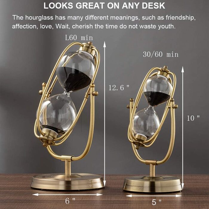 Пісочний годинник SuLiao для Uten, Поворотний на 720, Старовинний білий пісочний годинник, Вінтажний пісочний годинник 1 Hora Reloj de Arena, Великий метал, Пісочний годинник, Офіс, Письмовий стіл, Дім, Весільне оформлення (Чорний, 60 хв)