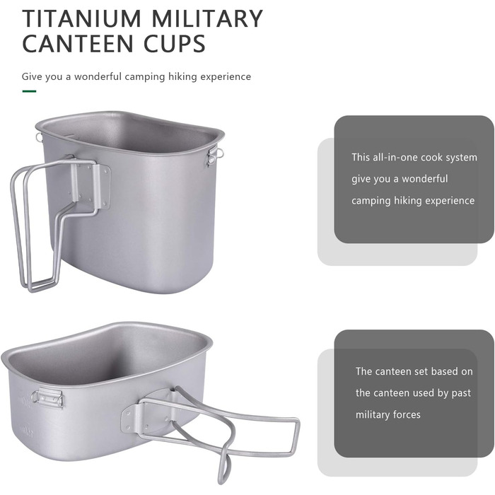 Набір титанових фляг iBasingo, найлегший військовий посуд, пляшка для води на 1100 мл, каструля на 750 мл та 400 мл з кришкою, підвісний сталевий трос та камуфляжна сумка, посуд для кемпінгу, походів на природі Ti2049C