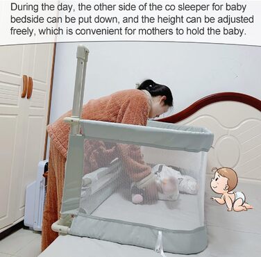 Дитяче ліжко 3-в-1, приліжкове ліжечко, 120x50 см, дитяча колиска, дитячий манеж, регульована висота, приліжкове ліжечко для ліжок з пружинним блоком, з аксесуарами, дитячий манеж, який можна розмістити на ліжку, кремово-білий