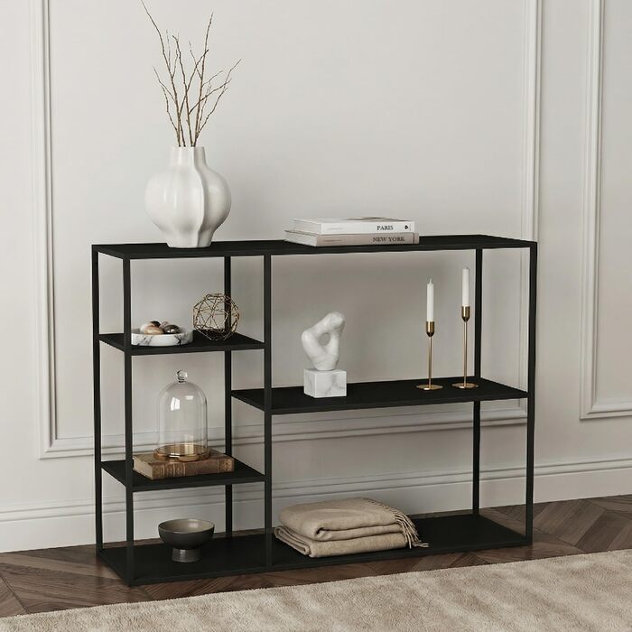 Окремостояча полиця Isojoki, металева книжкова шафа, полиця для вітальні, чорна, 120 x 35 x 88 см, чорний, матовий