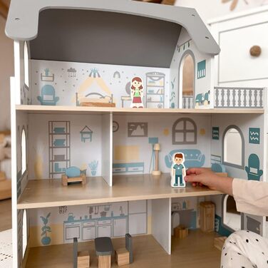 Дерев&39яний ляльковий будиночок Mamabrum, 3-поверховий, з меблями та аксесуарами - Перевірений на безпеку дитячий ігровий будиночок для рольових ігор - Ляльковий будиночок зі спальнею, вітальнею, кухнею та ванною кімнатою, сучасний мінімалістичний