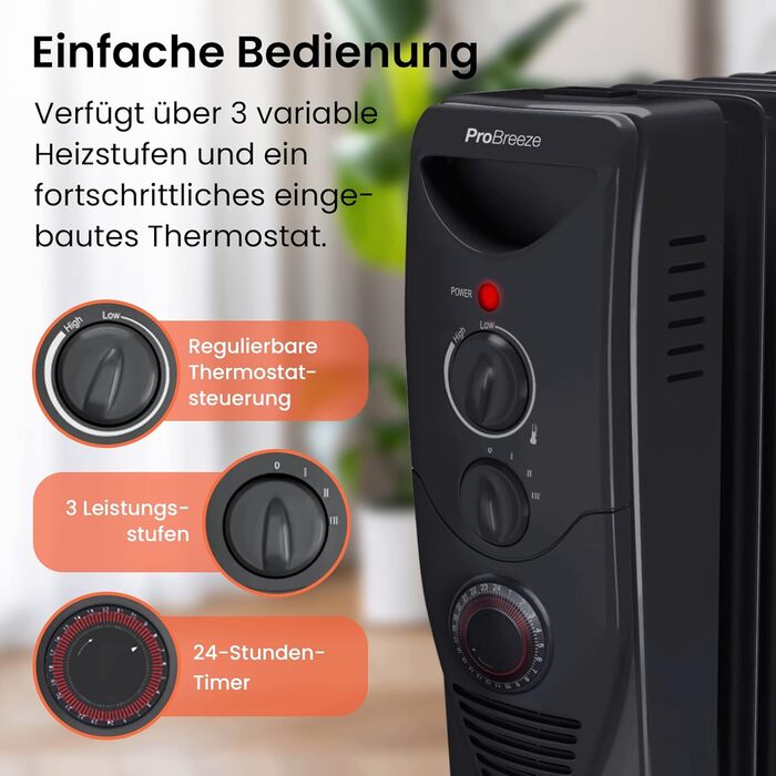 Енергозберігаючий масляний радіатор Pro Breeze потужністю 2500 Вт - електричний нагрівальний елемент з 11 ребрами, вбудованим таймером, 3 режимами нагріву, регульованим термостатом та функцією безпечного відключення - чорний. Масляний радіатор 2500 Вт - ч