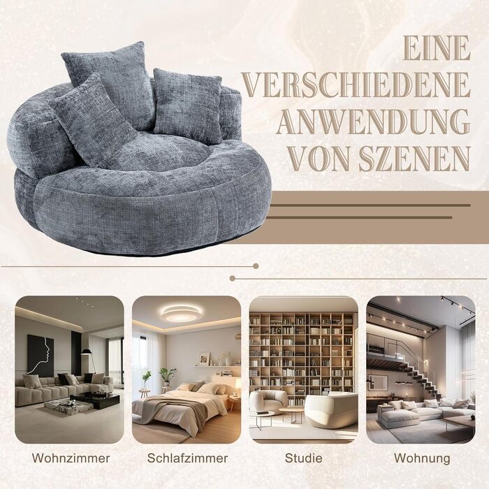 Міцний комфортний шезлонг Lazy Sofa з високою спинкою, крісло-мішок з трьома подушками для дорослих та дітей, для дому та вулиці (сірий)