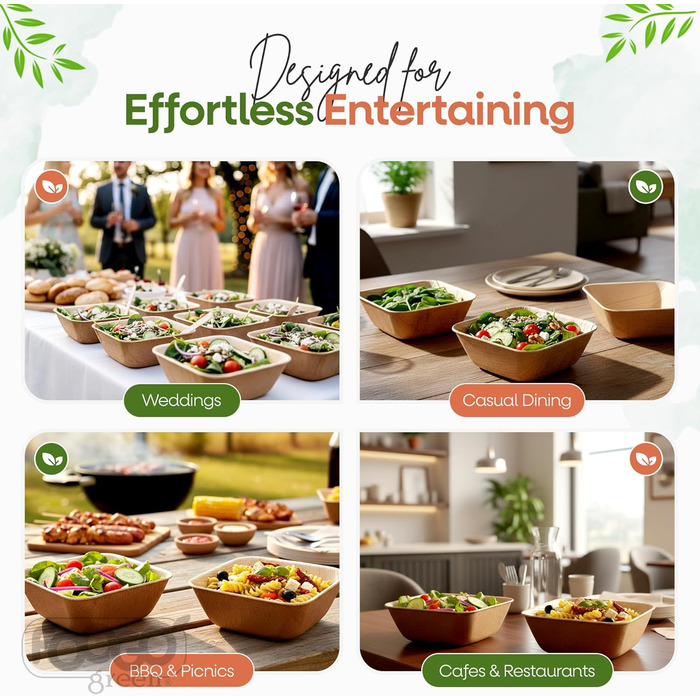 Зелені миски FOOGO з пальмового листя 1000 мл, Ø 20 см, 50 шт. Міцні одноразові миски з пальмового листя Компостований та біорозкладний посуд Одноразовий посуд для вечірок та пікніків 50 1000 мл Великі (20 см)