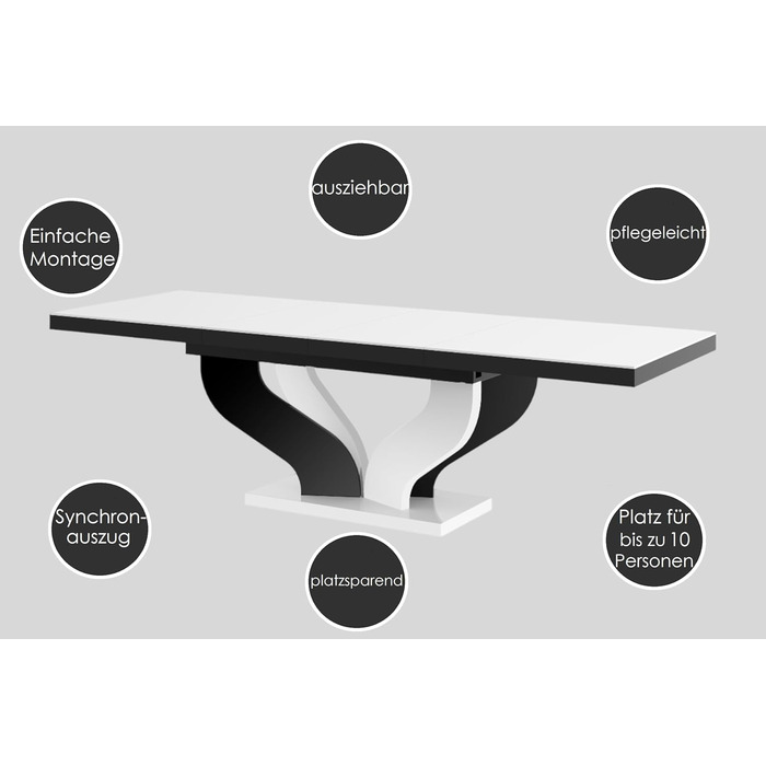 Дизайнерський обідній стіл HEB-222, чорний глянцевий / білий глянцевий, розсувний від 160 см до 256 см, обідній стіл до 10 осіб, глянцевий, функціональний стіл, сучасний, універсальний, розсувний, позачасовий