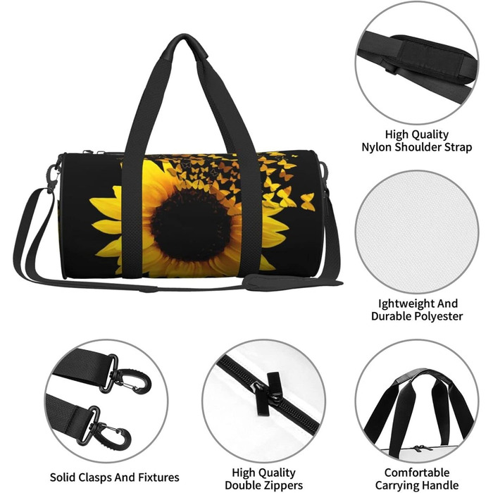Дорожня сумка з малюнком стрекози, кругла, великої місткості, легка та міцна, ідеальний подарунок для піших прогулянок, відпустки, ділових поїздок та іншого, з квітковим та метеликовим дизайном (соняшники, квіти, метелики).