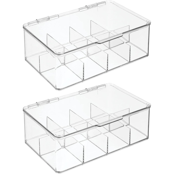 Чайна коробка mDesign з 8 відділеннями Практична коробка для зберігання чайних пакетиків Універсальна штабельована коробка для кухні Набір з 2 шт. Прозора