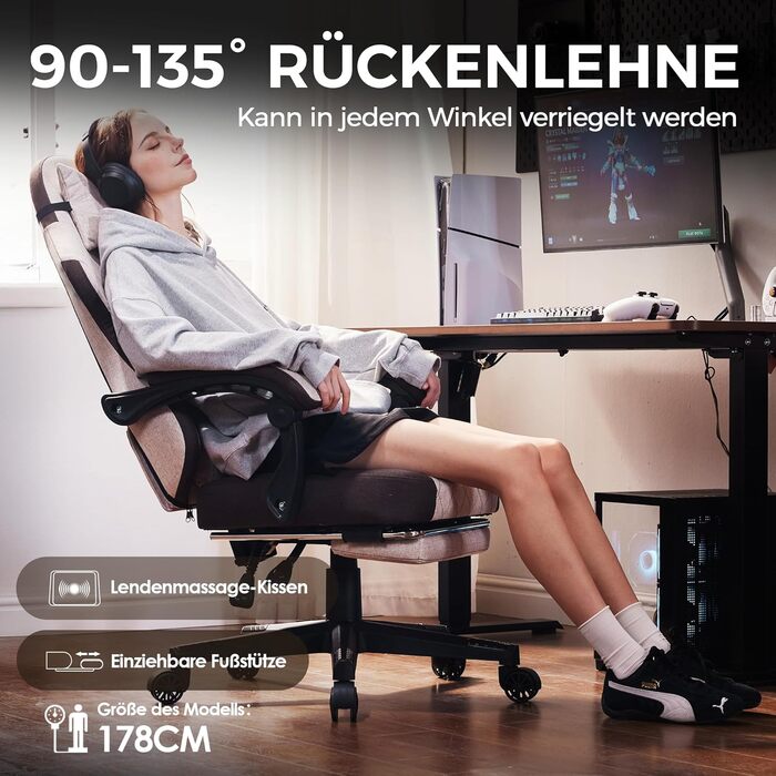 Тканина ігрового крісла Dowinx з пружинною подушкою, масажне офісне крісло з поперековою опорою та підставкою для ніг для дорослих, ергономічне ігрове крісло великого та високого розміру для офісних ігор 135 кг, коричневе