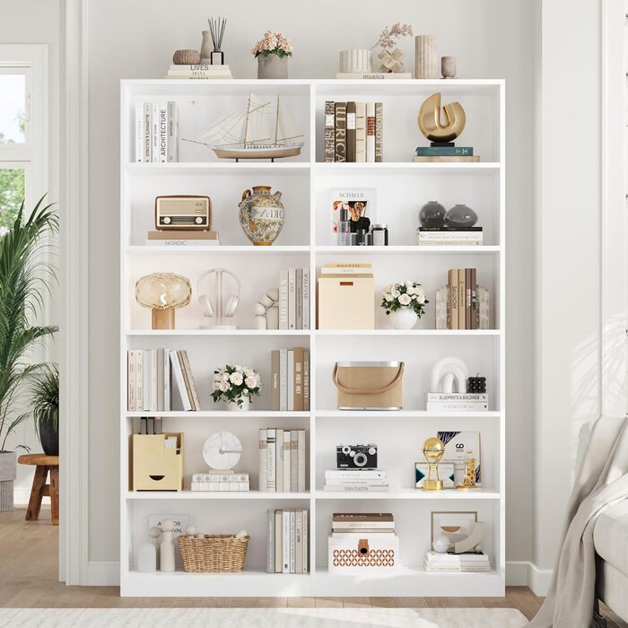 Книжкова полиця FirFurd з 12 відділеннями, книжкова шафа, окремостояча полиця, полиця для зберігання речей для вітальні, офісу, кухні, 120 x 30 x 188,7 см, білий