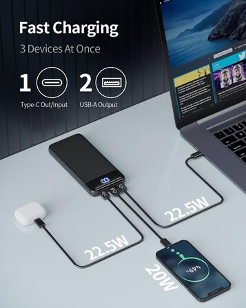 Зовнішня батарея мобільного телефону, швидка зарядка USB C, вхід і вихід зі світлодіодним дисплеєм, портативний зарядний пристрій PD3.0 QC4.0, сумісний з iPhone 16 15 14 13 12 Pro Max iPad., 13800mAh, 22,5W Power Bank