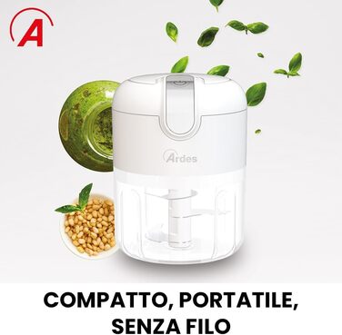 Бездротовий акумуляторний подрібнювач ARDES ARCHOP02 ATOM електричний універсальний подрібнювач з 3 лезами з нержавіючої сталі, кухонний міксер, 250 мл, портативний