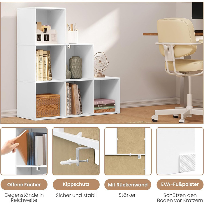 Книжкова полиця WOLTU з 6 відділеннями, кубічна полиця, полиця для сходів, полиця-сходинка, полиця-стояча полиця, для вітальні, спальні, дитячої кімнати, офісу, біла, 90,5x90,5x30 см, SK061ws Біла 6 відділень (30Г x 90,5Ш x 90,5В см)