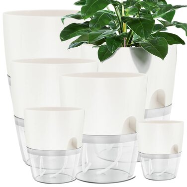 Пластикові квіткові горщики, 6 шт. , 22,3 см/15,3 см/10,5 см/8,2 см, горщики для трав із самополивом та резервуаром для води, сучасні горщики для кімнатних рослин, квітів та трав - Білі, комплект із 6 предметів