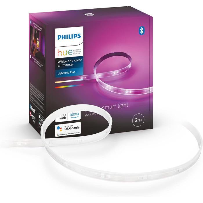 Стартовий набір Philips Hue White E27 із 2 частин, включаючи розумну кнопку та міст відтінку, 2x1055 лм і білий і полковник Lightstrip Plus 2 м база, 1600 лм, 16 мільйонів кольорів у комплекті зі світловою смугою