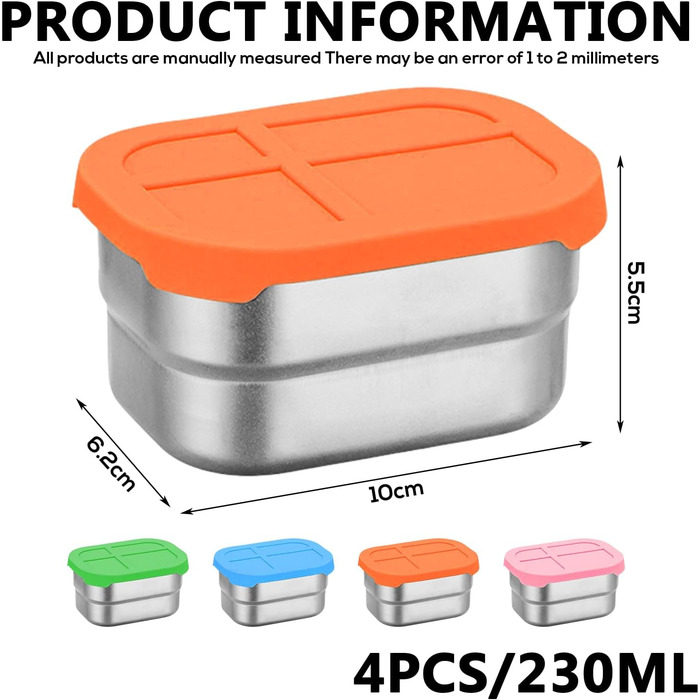 Набір з 4 контейнерів для перекусів з нержавіючої сталі, 230 мл, з силіконовою кришкою. Герметичні контейнери для їжі, фруктів, мюслі та заморозки.